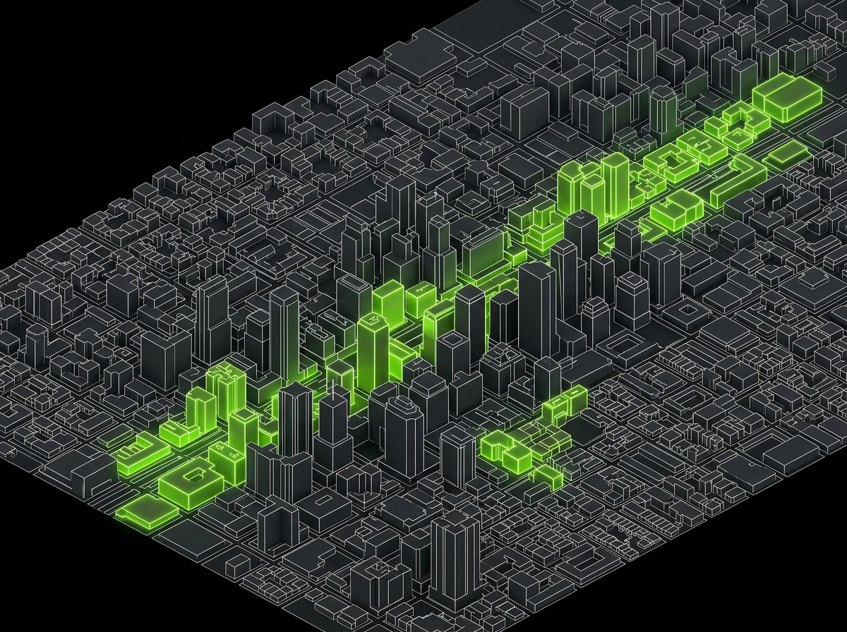 3D digital twin of a downtown area with selected buildings highlighted