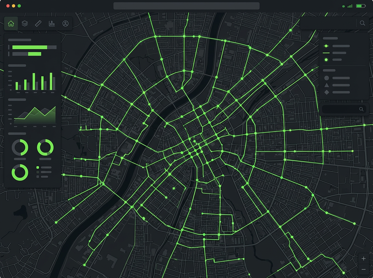 Dark web GIS dashboard showing a city utility network highlighted in green