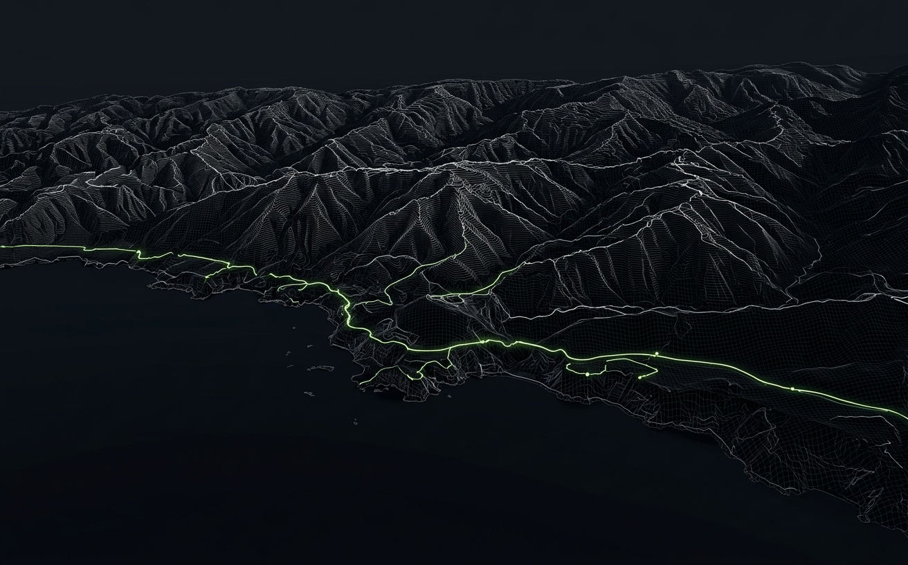 3D terrain visualization of a coastline with a highlighted route rendered by an Isoline mapping engine